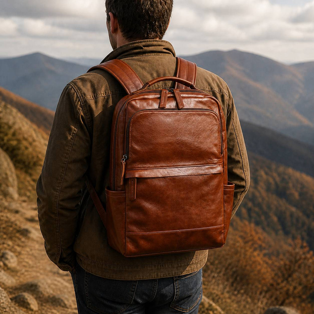 Man wearing the brown leather laptop backpack on a mountain trail
