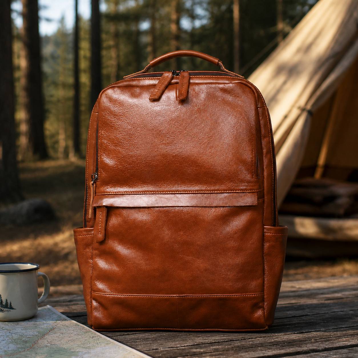 Brown men's laptop backpack at a campsite