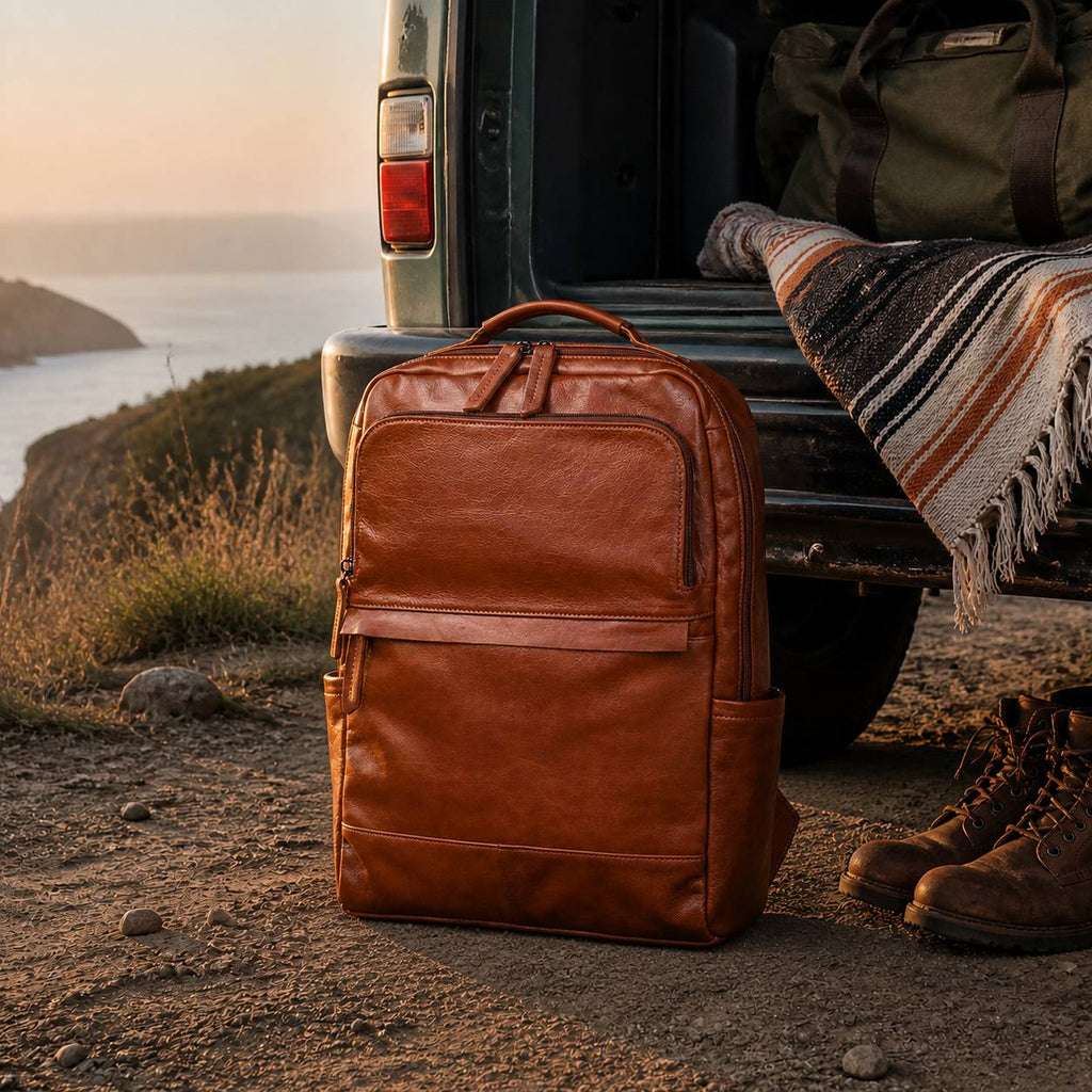 Brown men's laptop backpack, interior view
