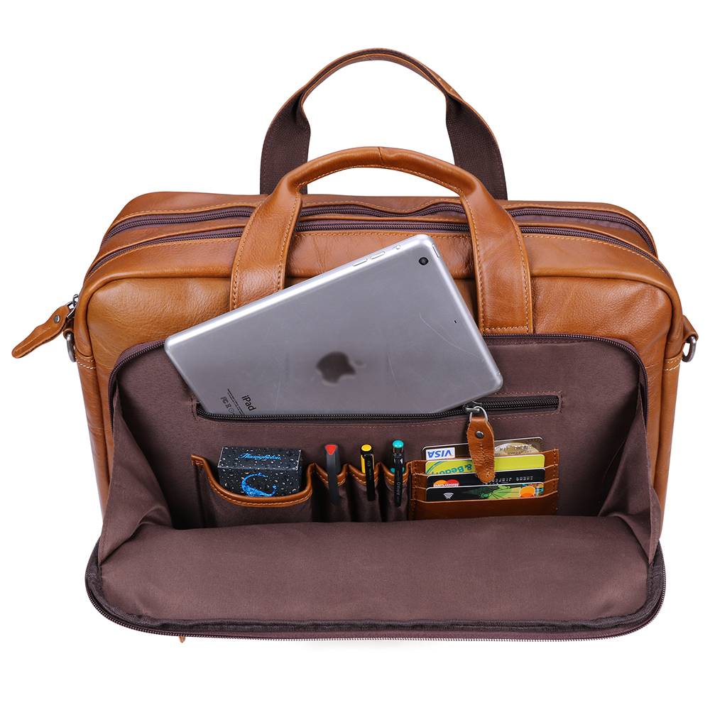 Brown men's laptop bag, strap detail