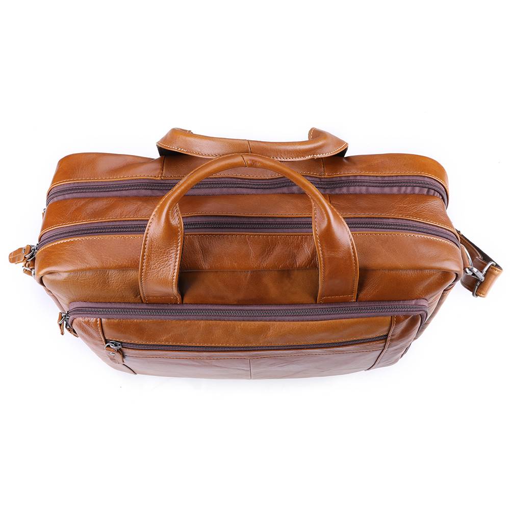 Brown men's laptop bag, depth view showing capacity