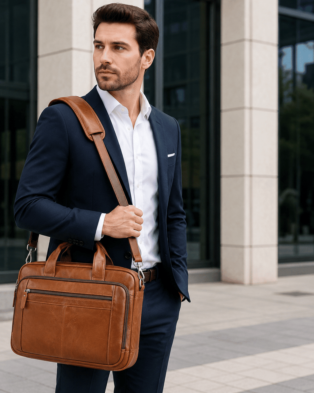 Man carrying the brown leather laptop bag, front