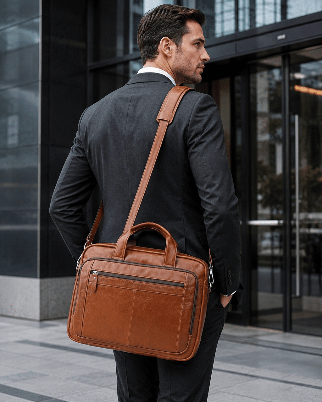 Man wearing the brown leather laptop bag, back
