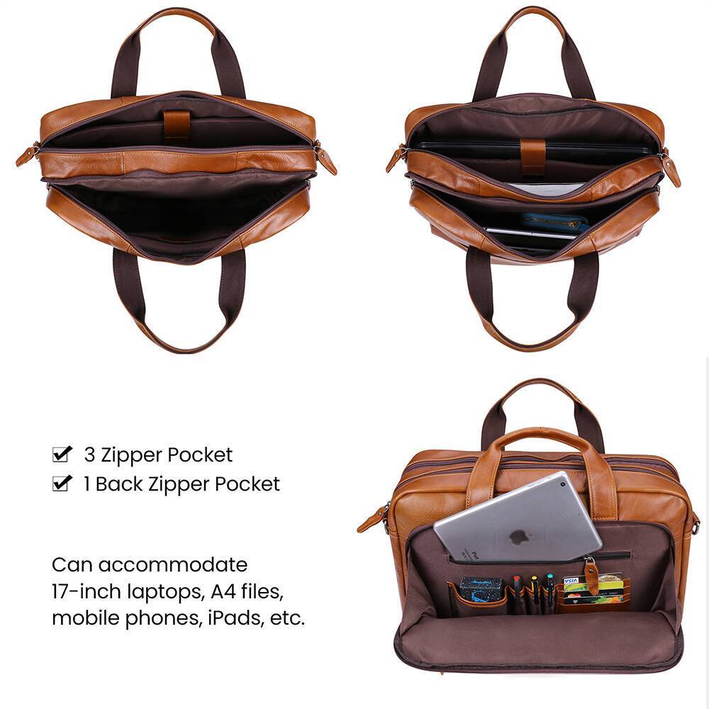 Brown men's laptop bag, front pocket detail