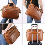 Brown men's laptop bag, handle detail