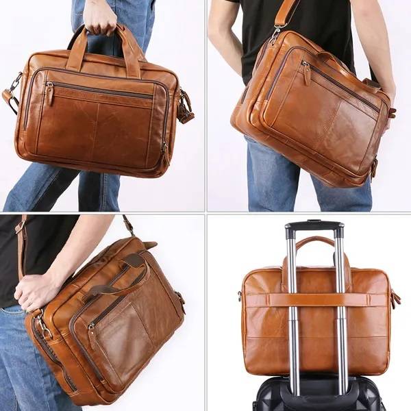 Brown men's laptop bag, handle detail