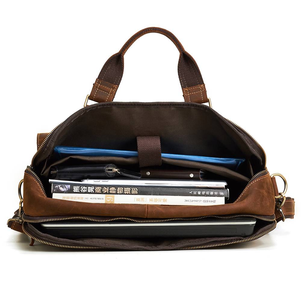 Brown men's laptop bag, strap detail