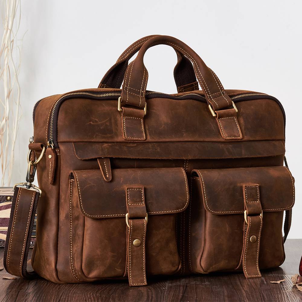 Brown men's laptop bag, flat lay
