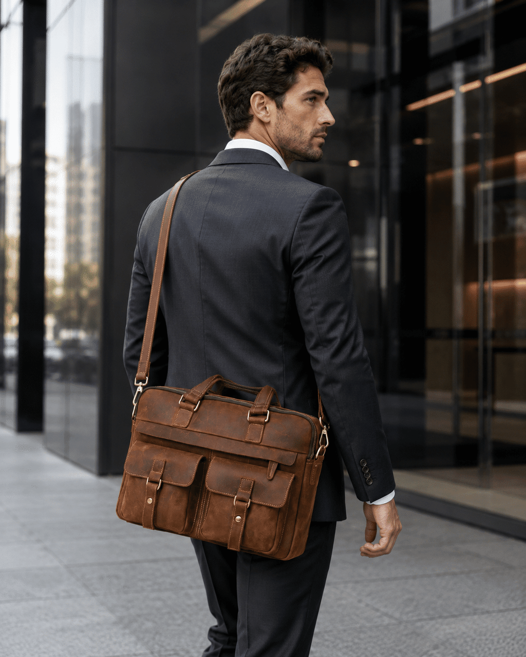 Man wearing the brown leather laptop bag, back