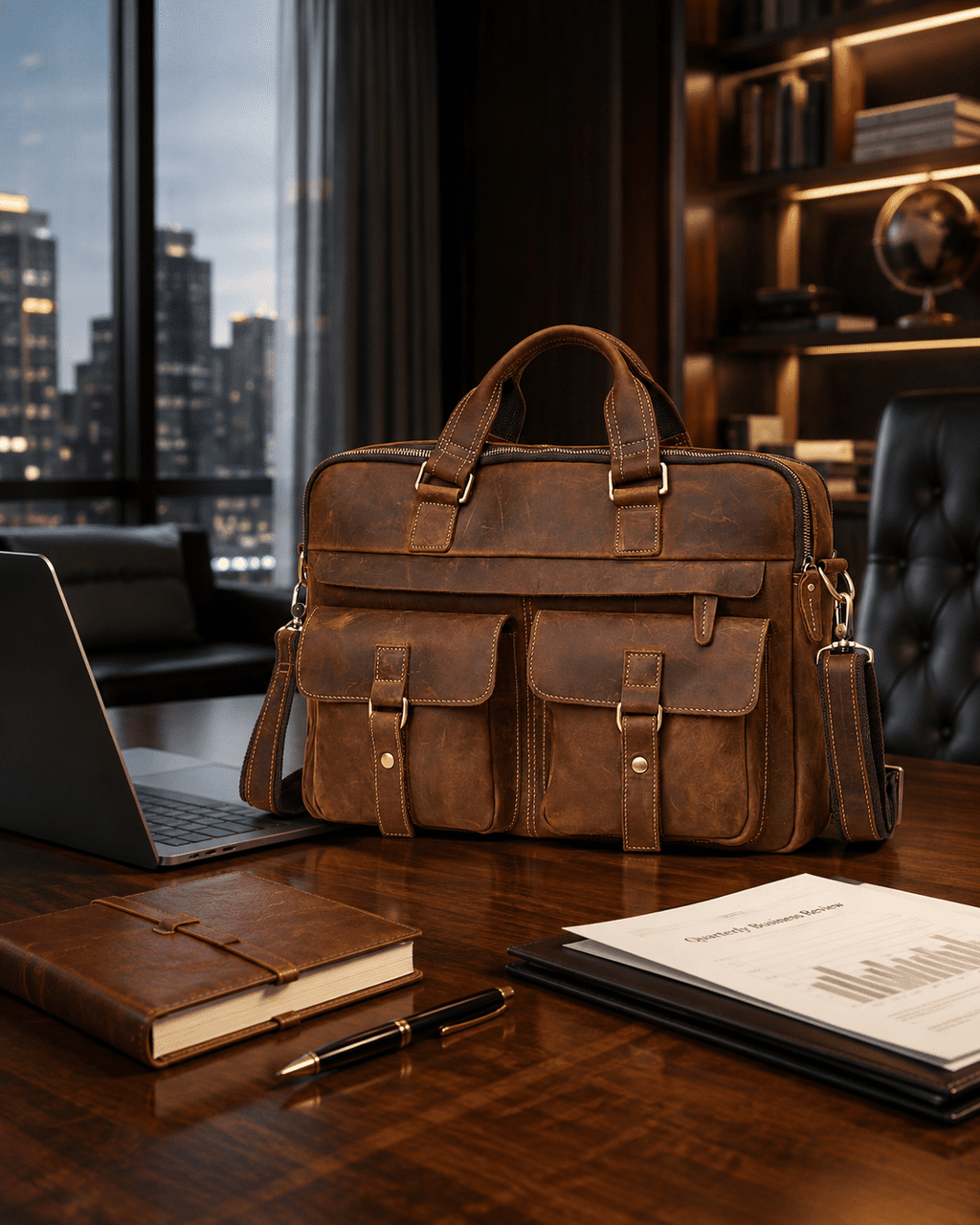 Brown men's laptop bag on an office desk
