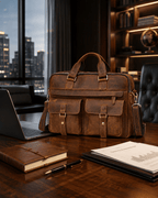 Brown men's laptop bag on an office desk
