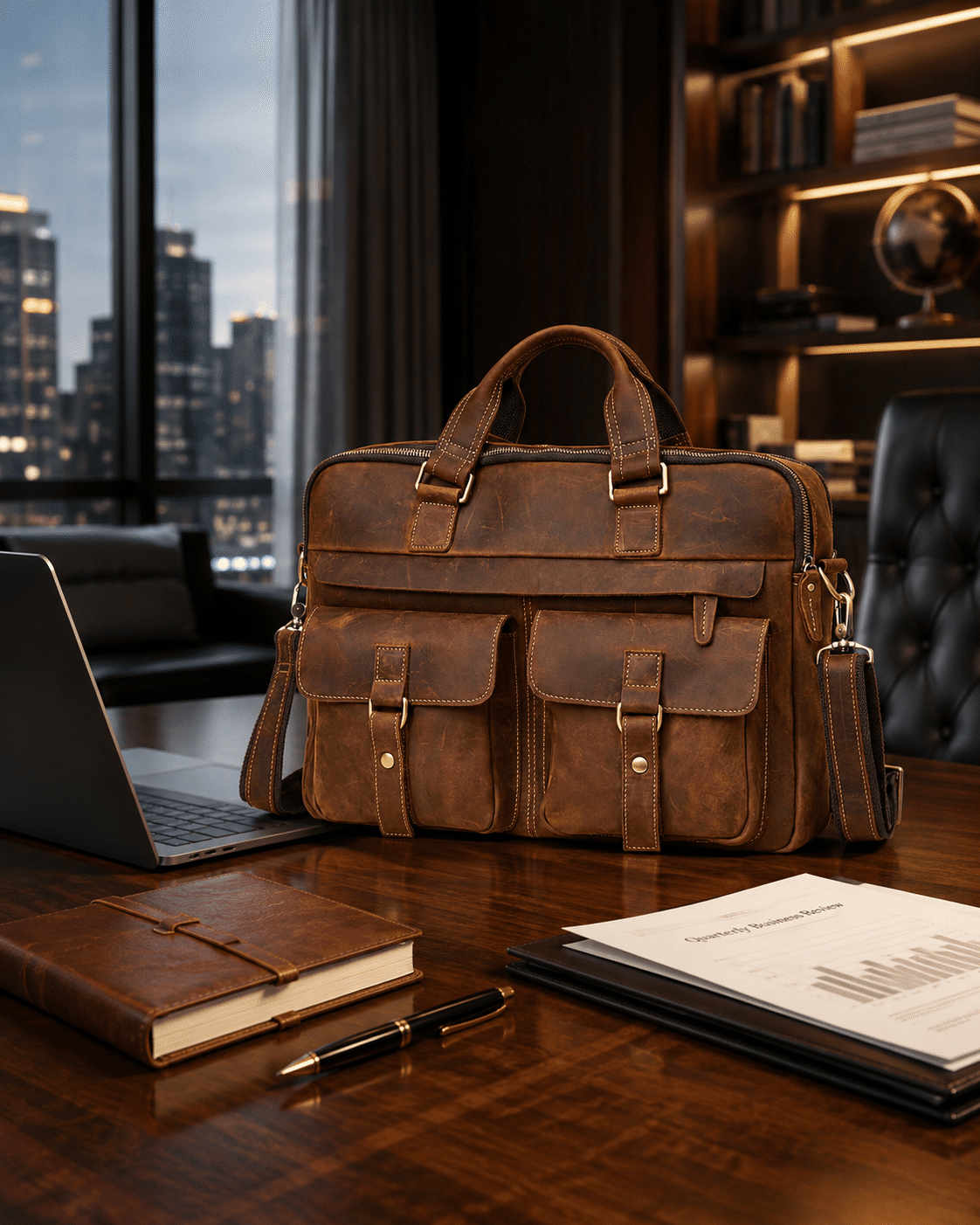 Brown men's laptop bag on an office desk