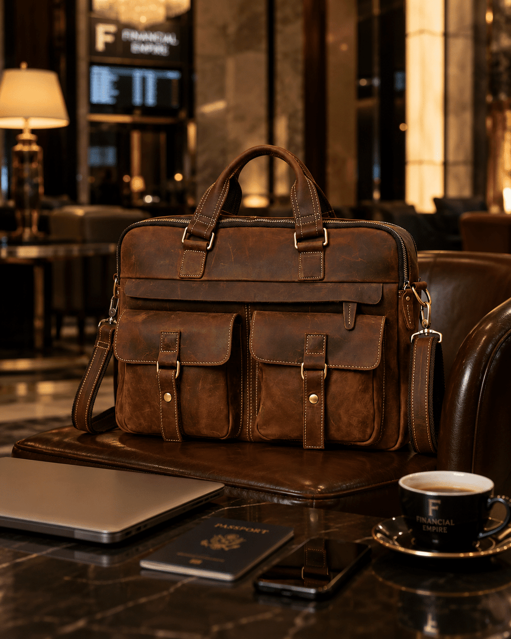 Brown men's laptop bag in a hotel lounge