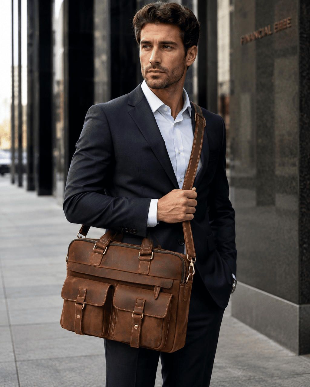 Man carrying the brown leather laptop bag, front