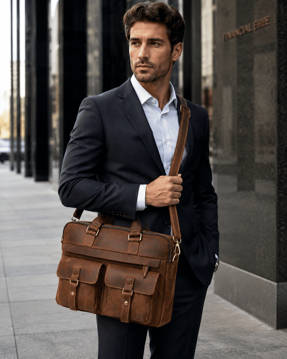 Man carrying the brown leather laptop bag, front
