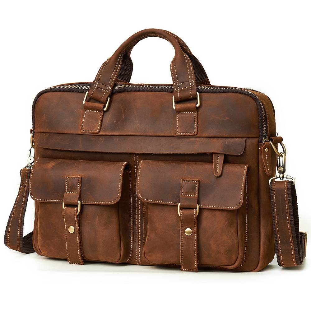 Brown men's laptop bag, front pocket detail