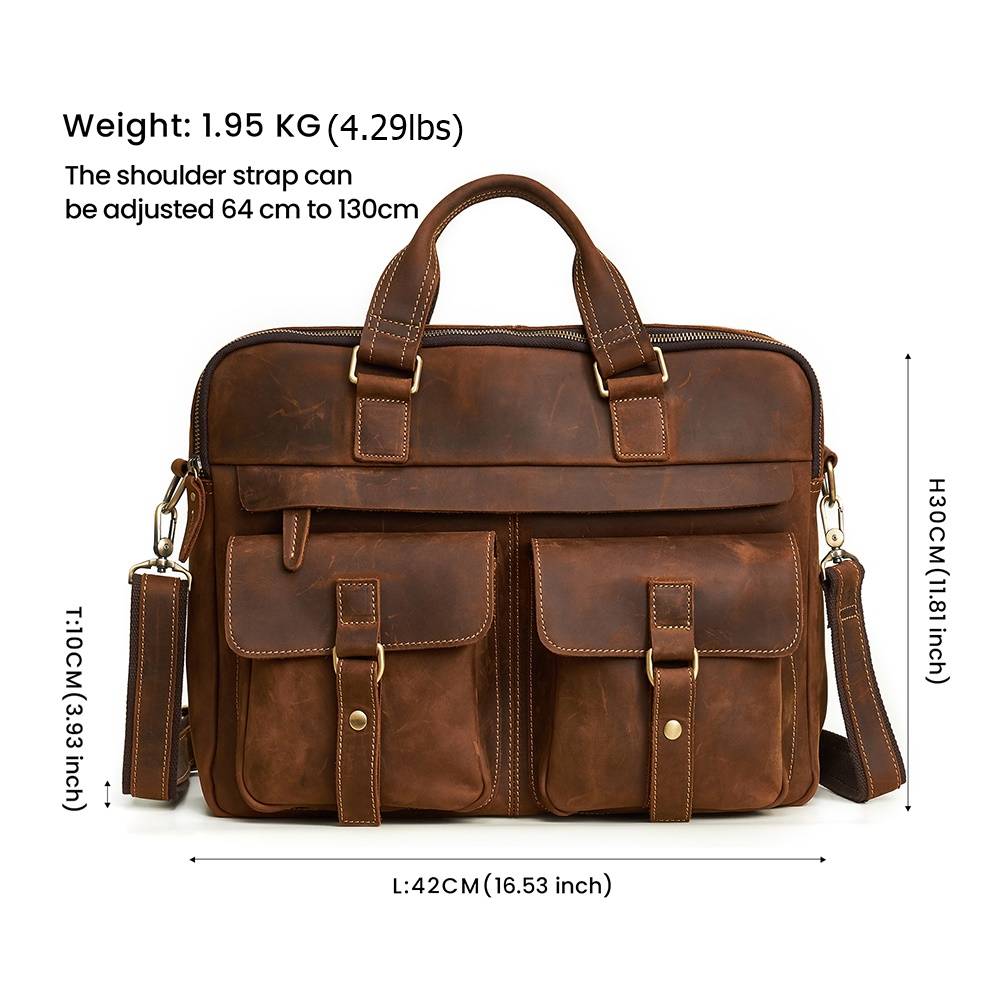 Brown men's laptop bag, buckle pocket detail
