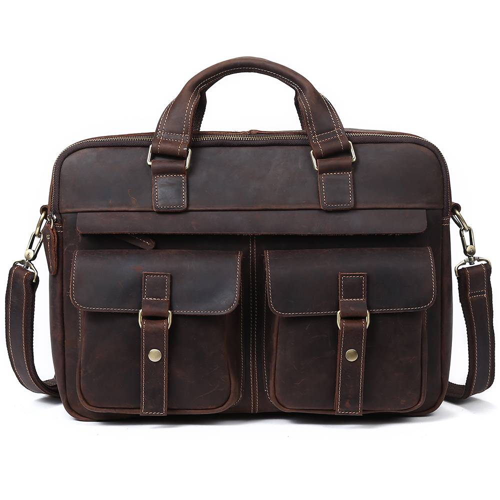 Dark brown men's laptop bag, side view