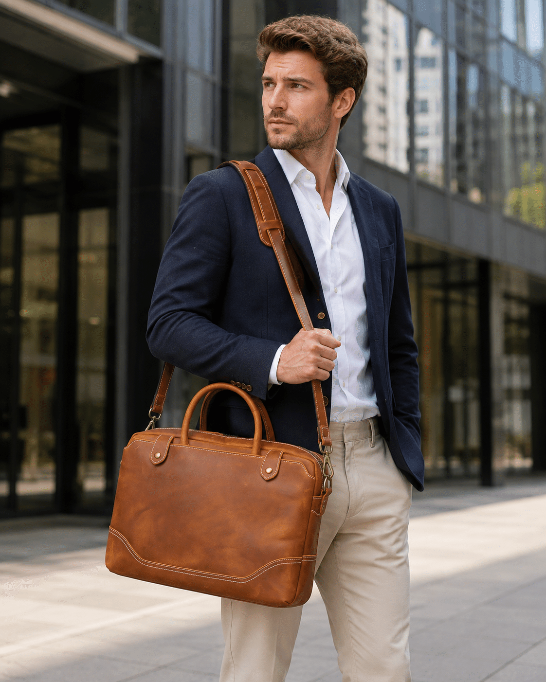 Man carrying the brown leather laptop case, front