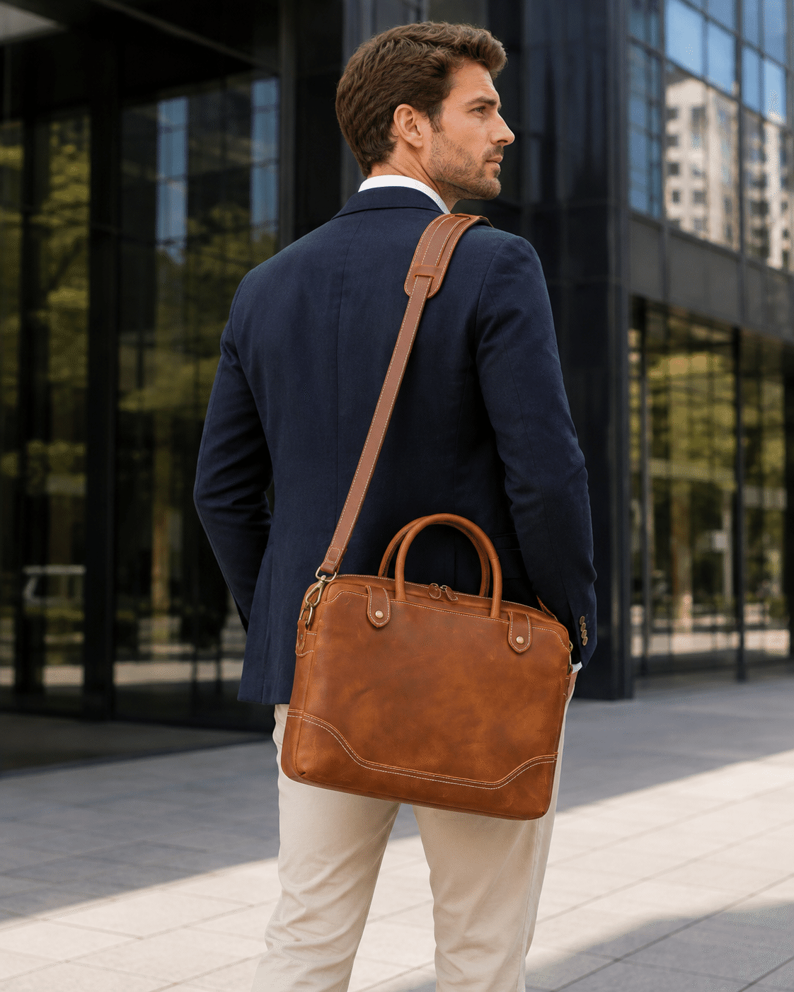 Man wearing the brown leather laptop case, back