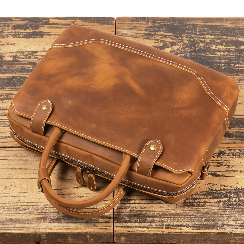 Brown men's laptop case, top view
