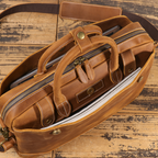 Brown men's laptop case, front pocket detail