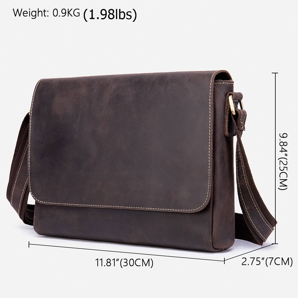 Dark brown men's messenger bag, size chart