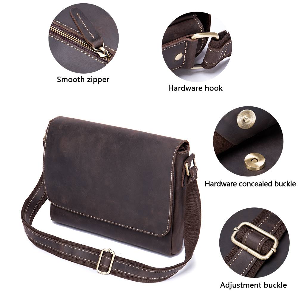 Dark brown men's messenger bag, hardware features