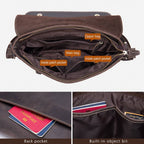 Dark brown men's messenger bag, storage compartments labeled