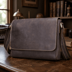 Dark brown men's messenger bag on a study desk, front