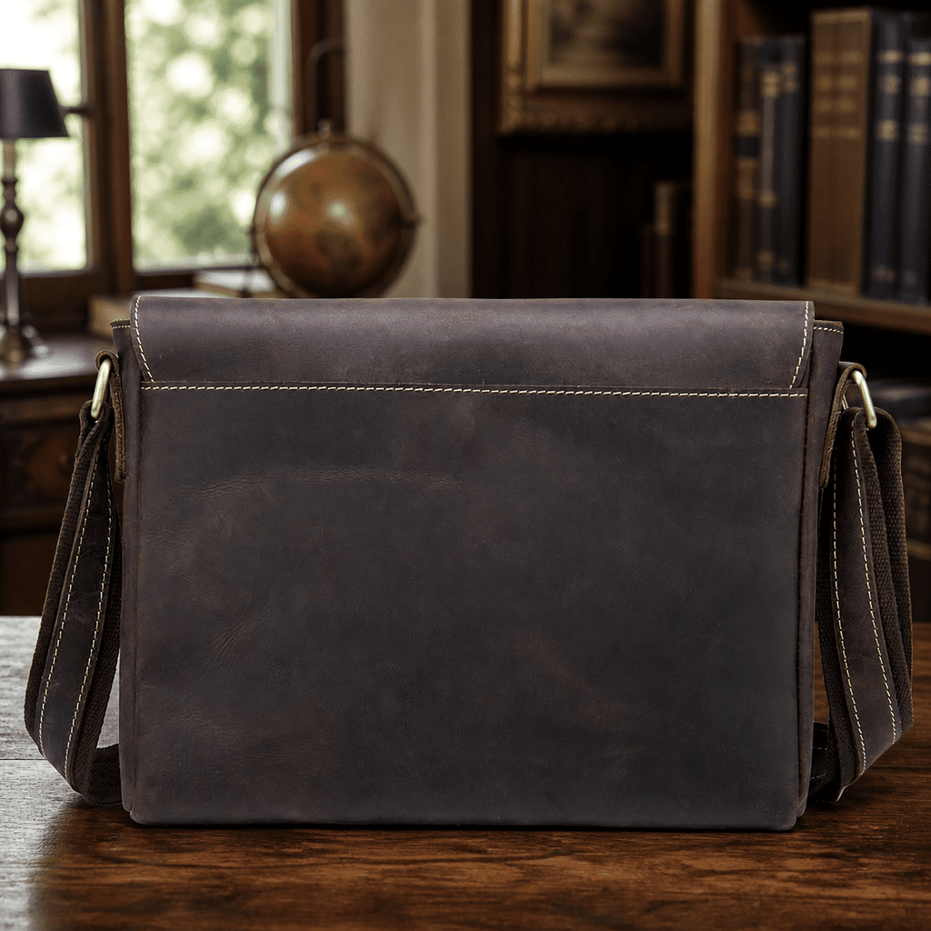 Dark brown men's messenger bag on a study desk, back