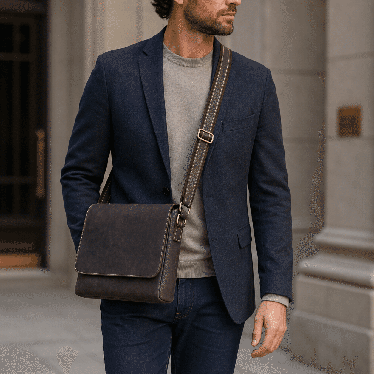 Man wearing the dark brown leather messenger bag