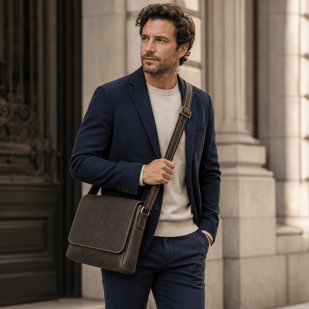 Man wearing the dark brown leather messenger bag, front