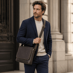 Man wearing the dark brown leather messenger bag, front