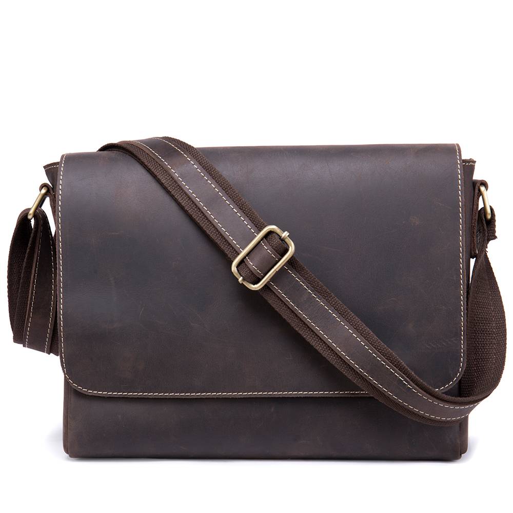 Dark brown men's messenger bag, front view with strap