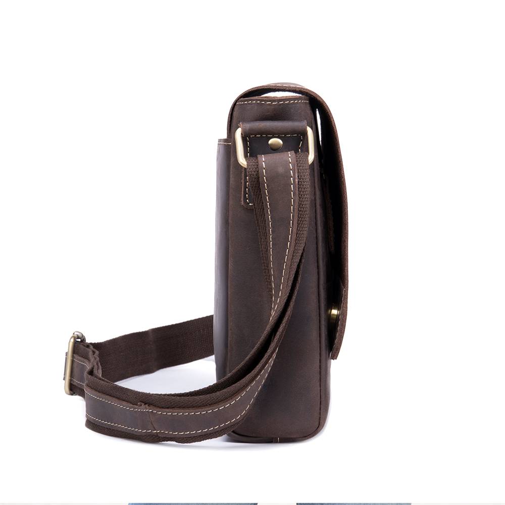 Dark brown men's messenger bag, side view
