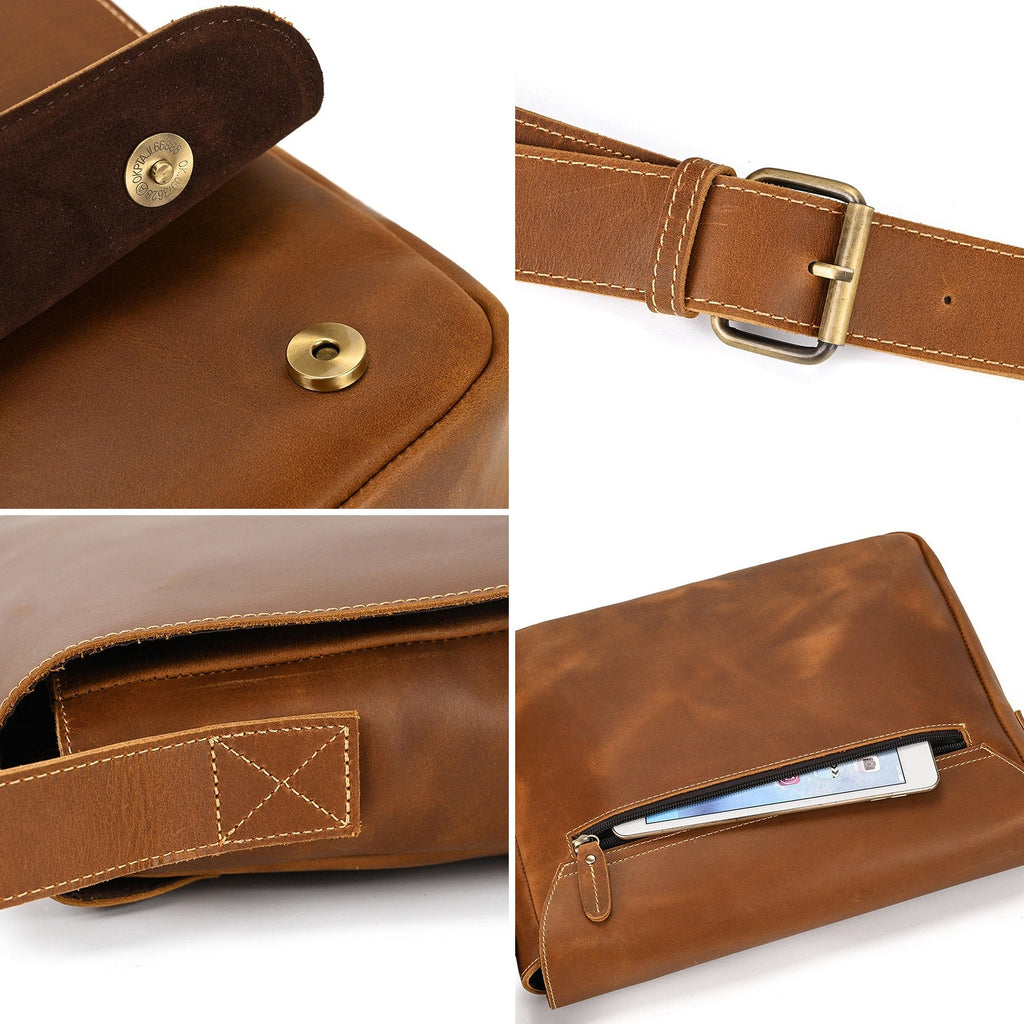 Brown men's messenger bag, interior pockets
