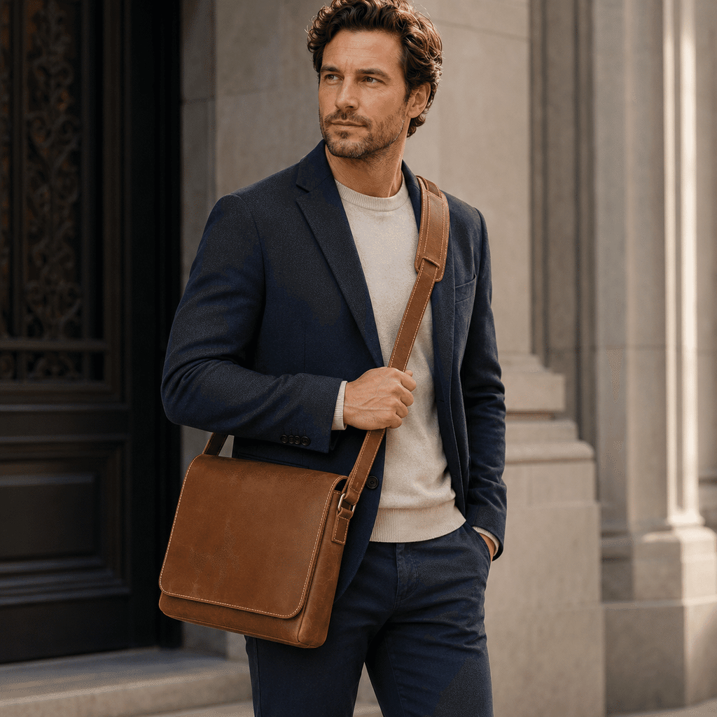 Brown men's messenger bag, hardware and pocket details