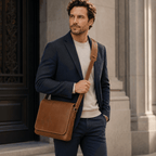 Brown men's messenger bag, hardware and pocket details
