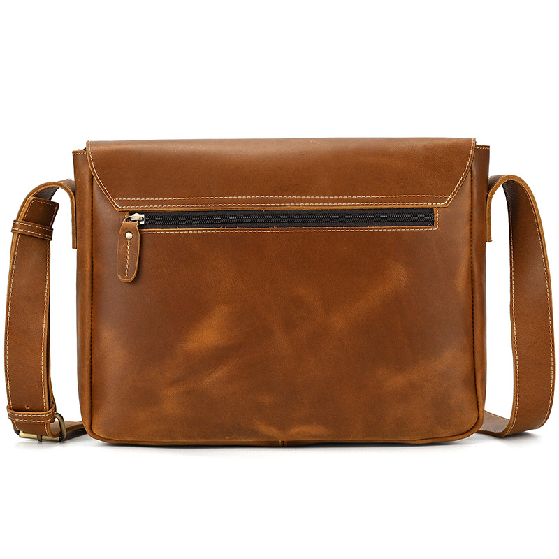 Brown men's messenger bag, front zip pocket