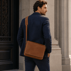 Man wearing the brown leather messenger bag, suit