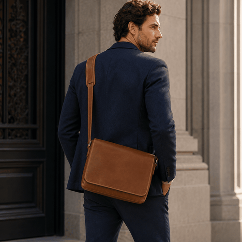 Man wearing the brown leather messenger bag, suit