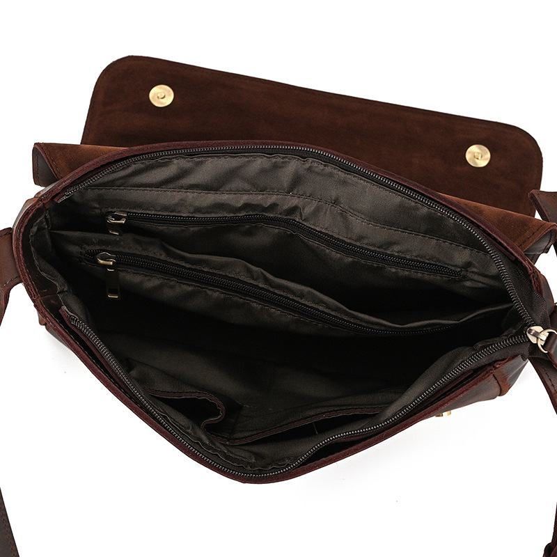 Dark brown men's messenger bag, interior view