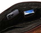 Dark brown men's messenger bag, interior pockets with phone