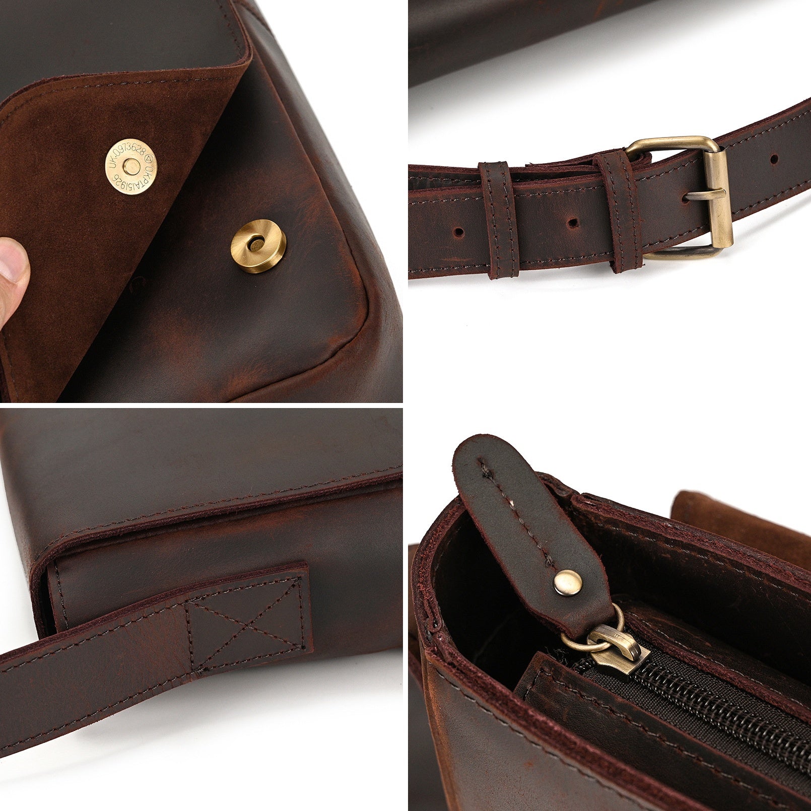 Dark brown men's messenger bag, hardware and buckle detail