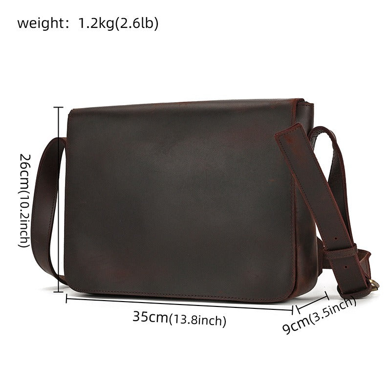 Dark brown men's messenger bag, size chart