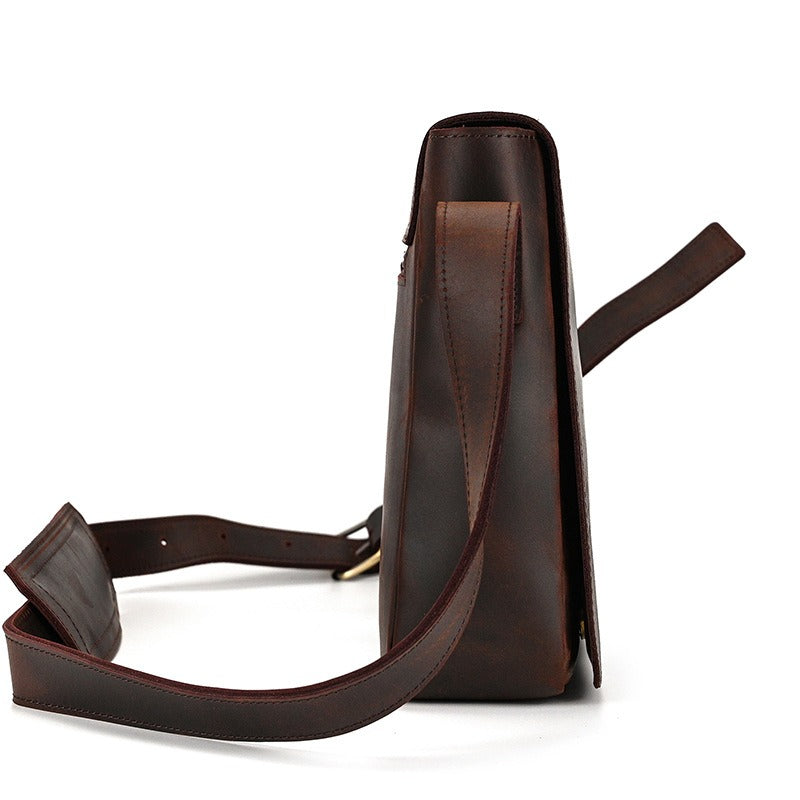 Dark brown men's messenger bag, side view
