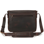 Dark brown men's messenger bag, back view with zip pocket
