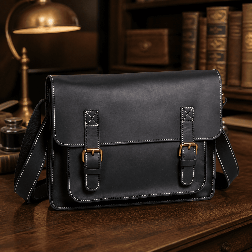 Vintage black men's leather messenger bag