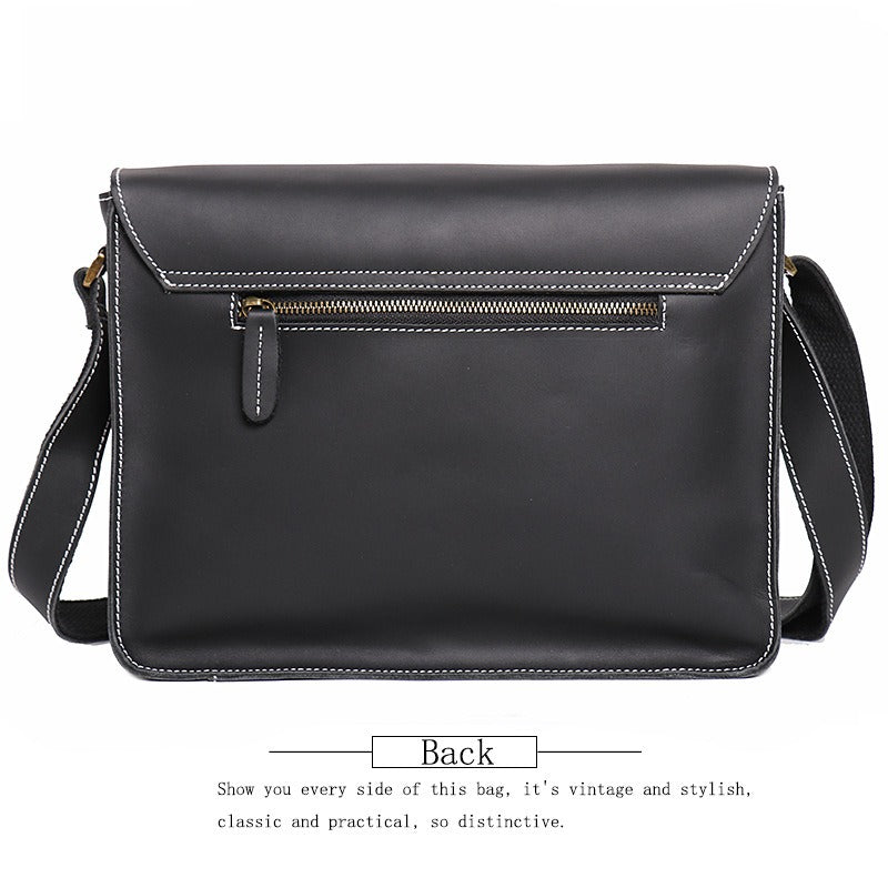Black men's messenger bag, buckle detail